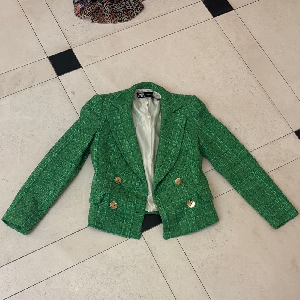 Zara Women's Vibrant Green Tweed Blazer